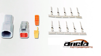 DTM-Style 2-Way Connector Kit. Includes Plug, Receptacle, Plug Wedge Lock, Receptacle Wedge Lock, 3 Female Pins & 3 Male Pins